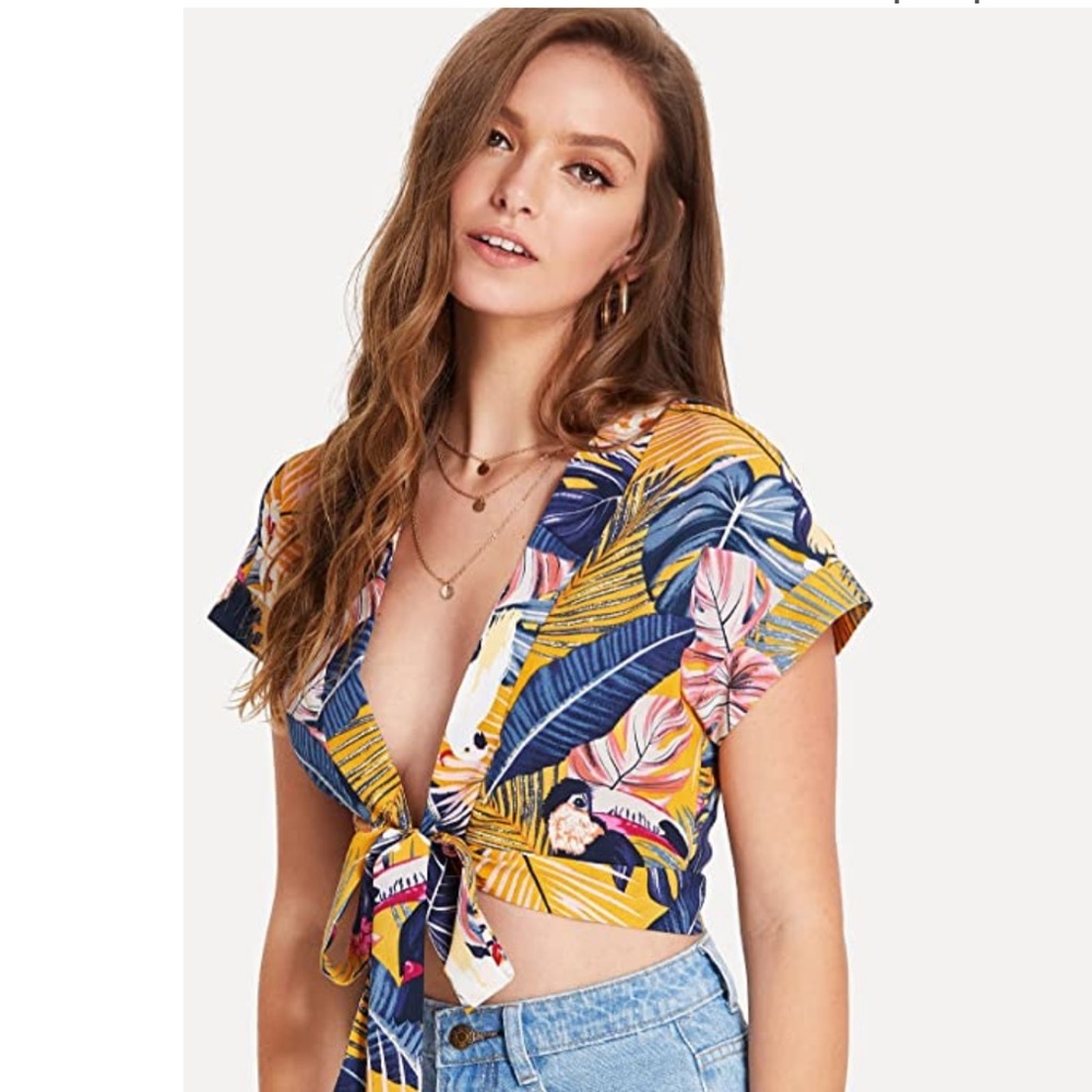 New Super sexy printed crop top tie front back option shirt tropical vaca vibes - Picture 2 of 7